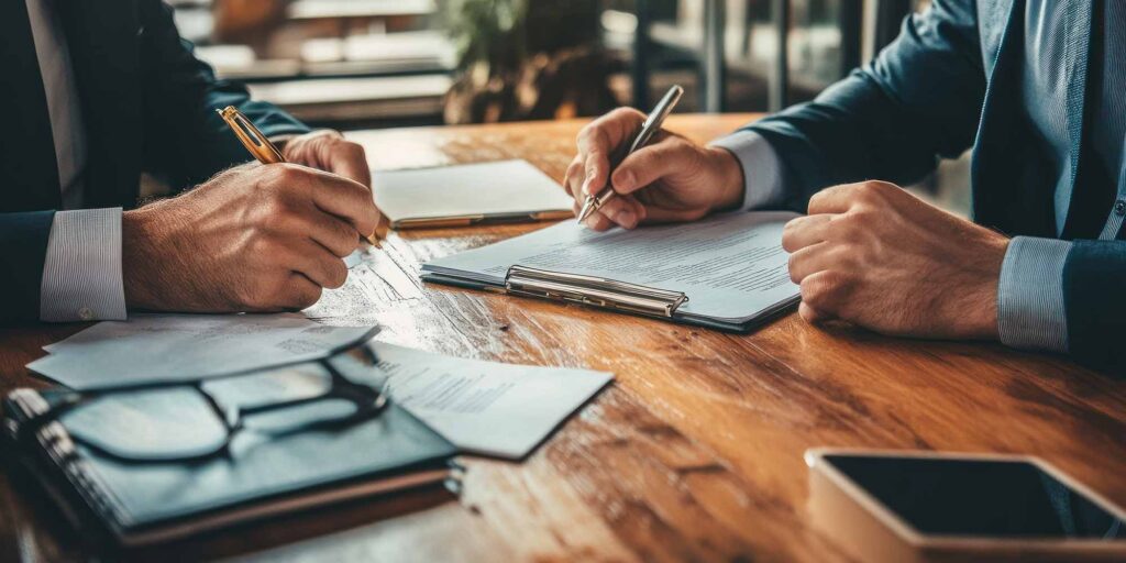 business partners signing documents