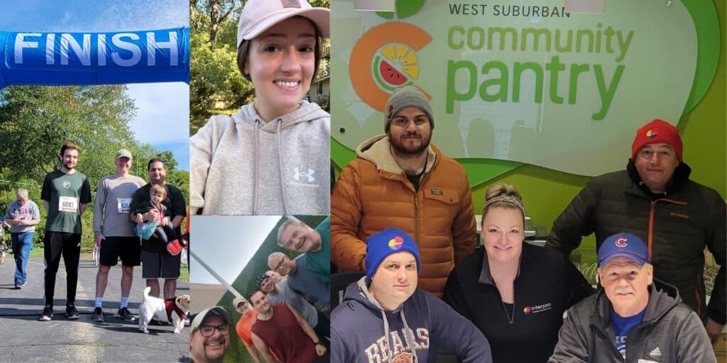 Interpro Translation Solutions employees participating in community service events including a 5K race and food pantry volunteering