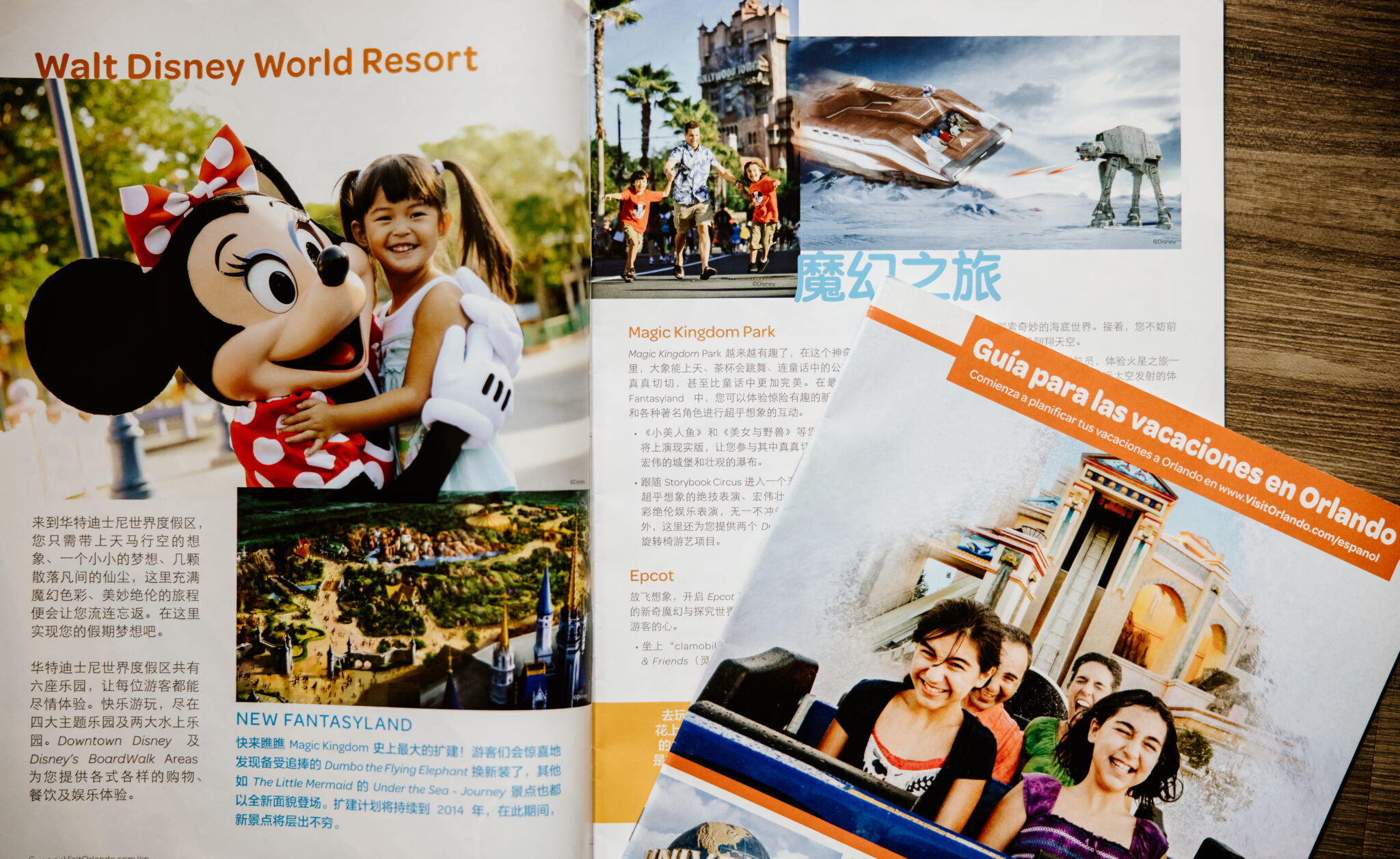 Travel guides and brochures in Chinese and Spanish for Disney World Resort