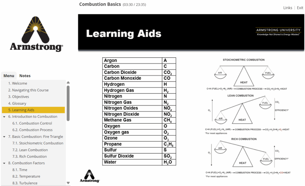 Screenshot of Armstrong University combustion training course in English