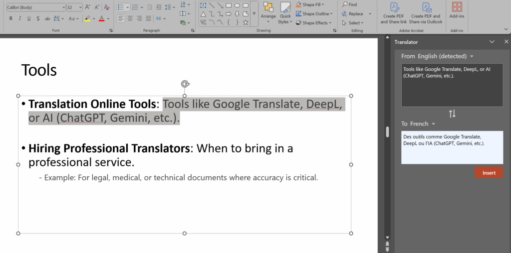 Screenshot showing Microsoft PowerPoint’s translation pane translating slide content into French