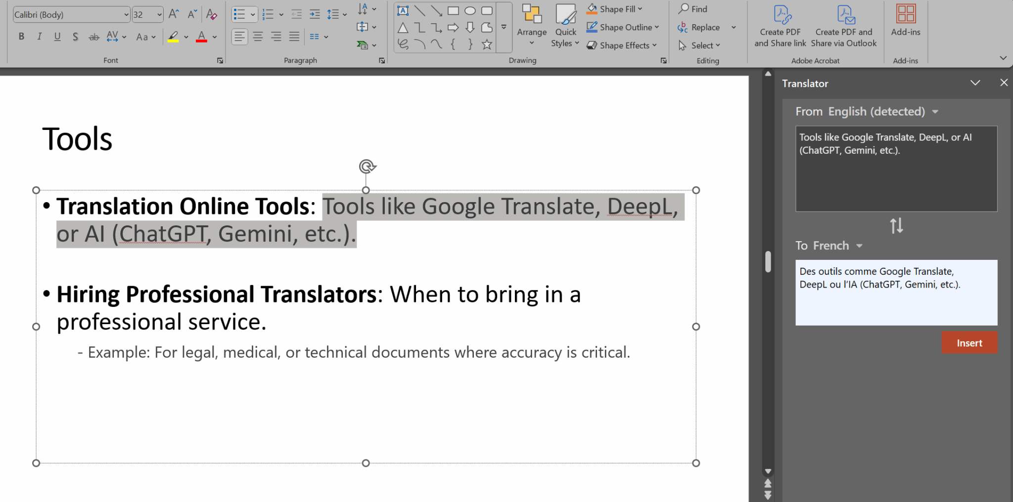 Screenshot showing Microsoft PowerPoint’s translation pane translating slide content into French