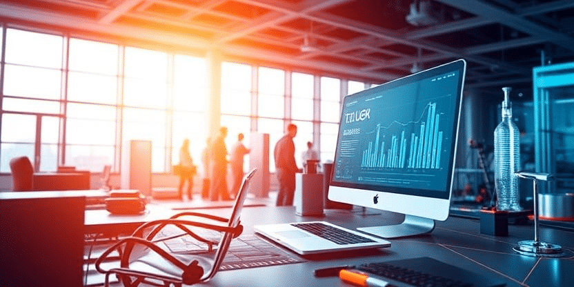 Modern office workspace with data analytics on screen representing Interpro’s translation technology and localization tools