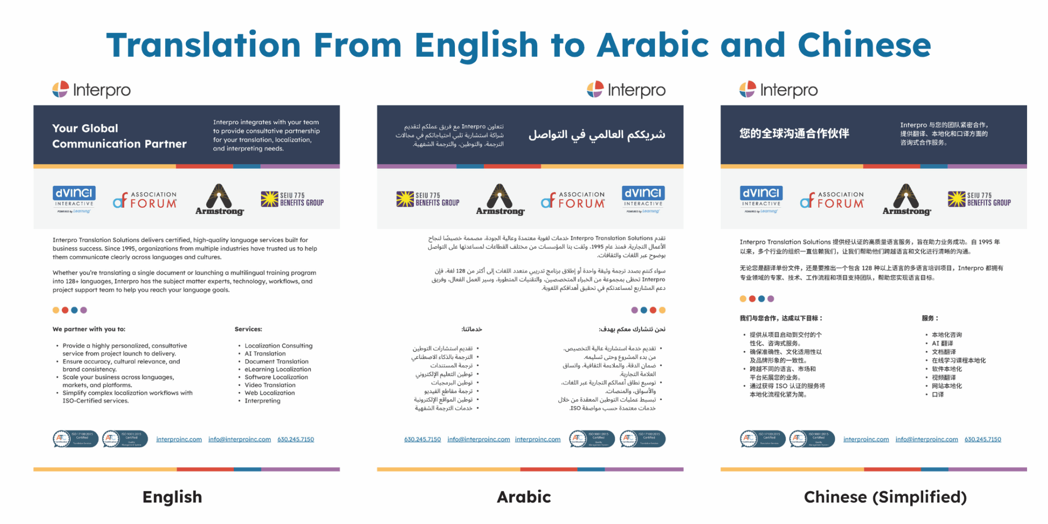 Example of document translation from English to Arabic and Chinese