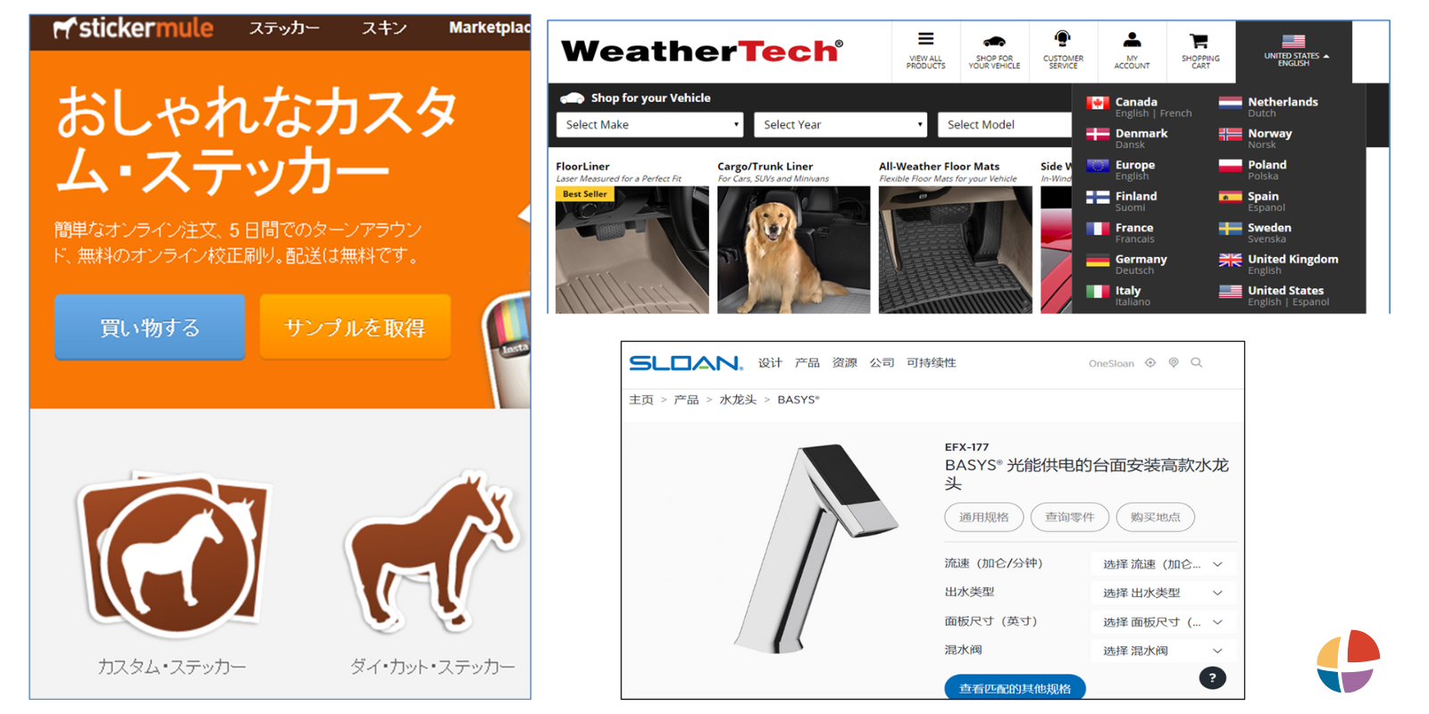 Screenshot of localized websites in different languages including Japanese, Chinese, and French